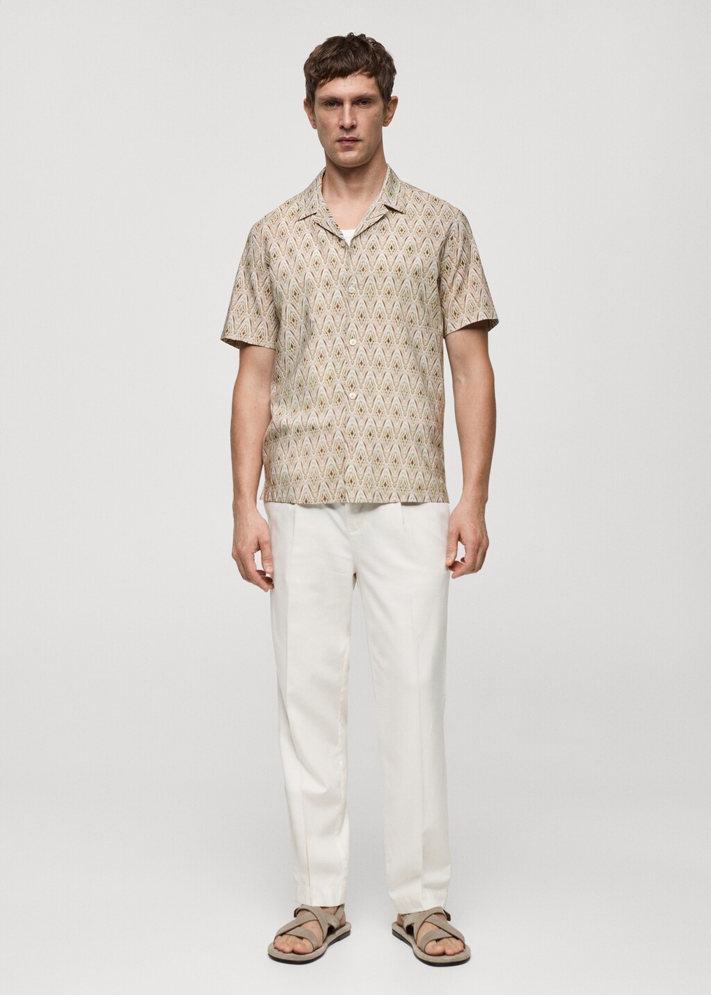 Printed flowing shirt with bowling collar - Beige