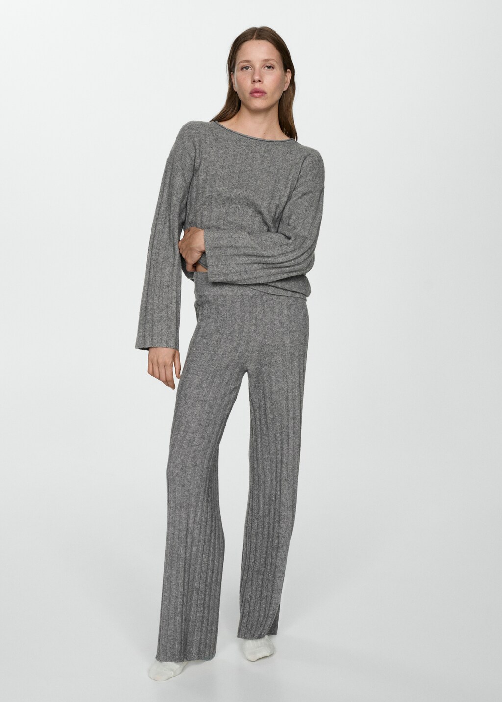 Straight-fit rib-knit trousers - Medium Heather Grey