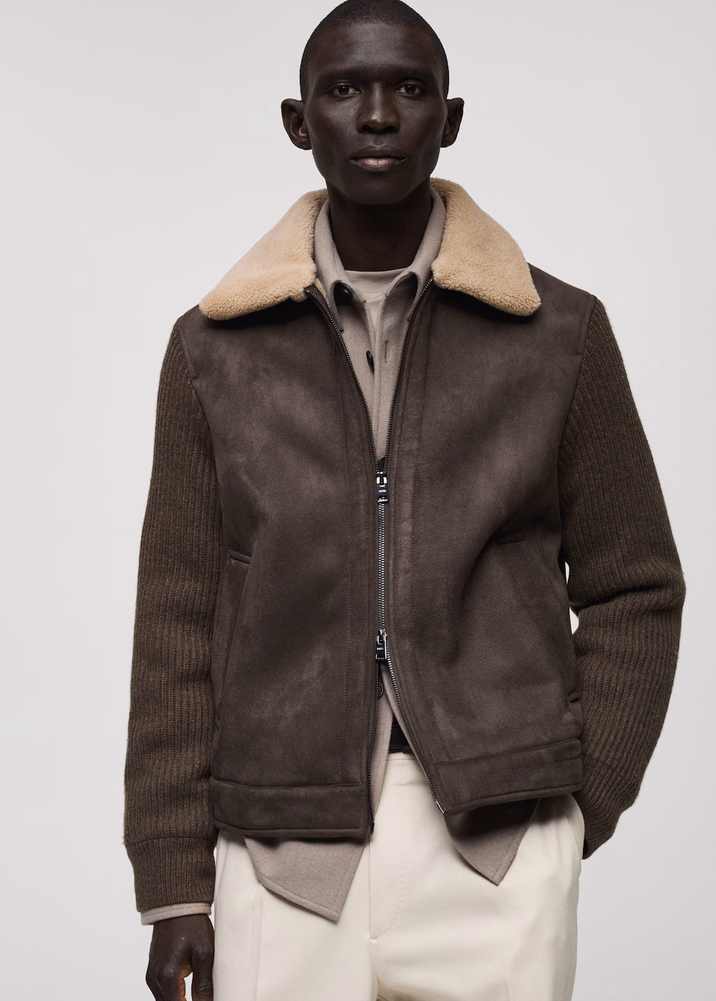 Shearling and suede-effect jacket - Chocolate