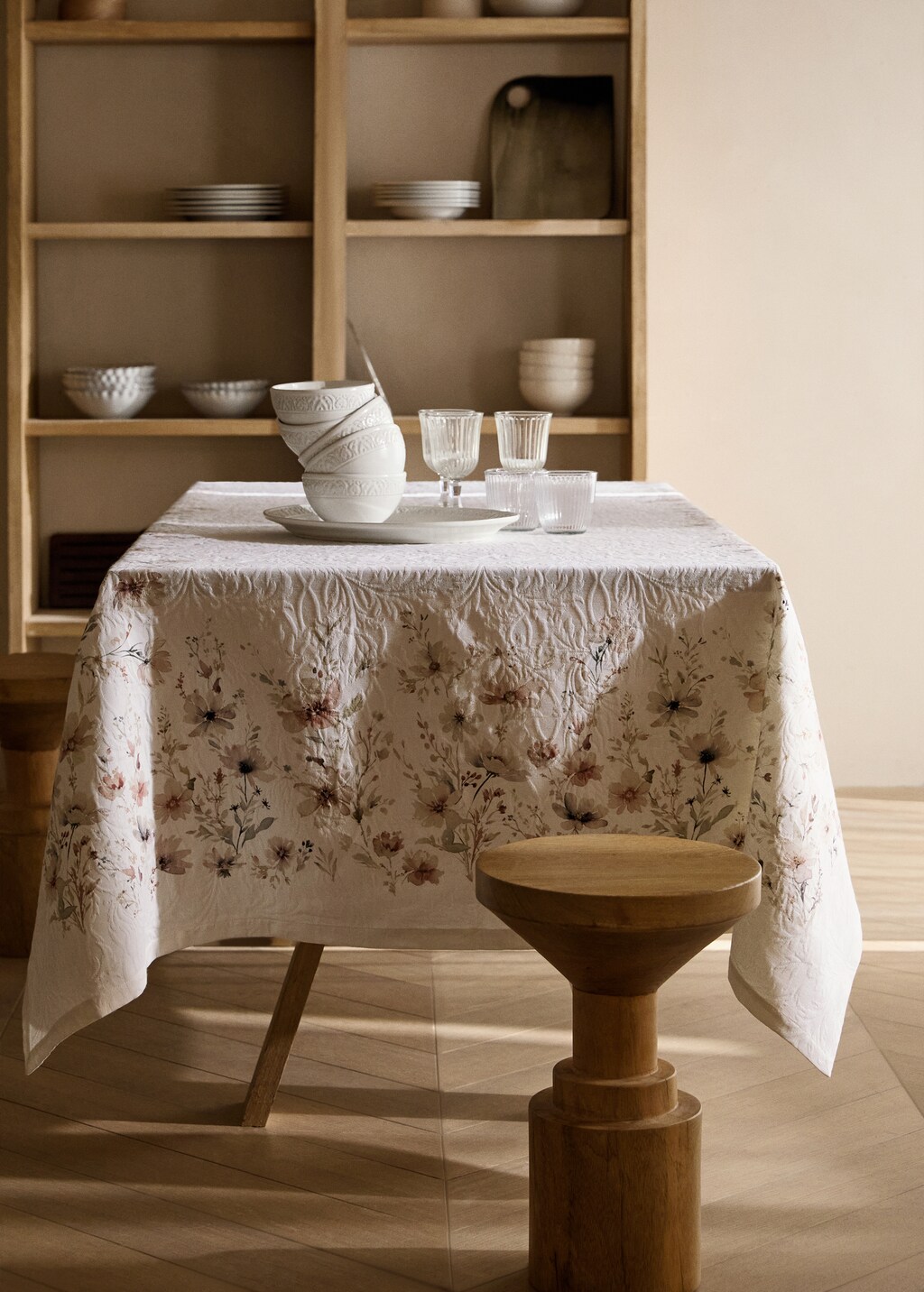 Jacquard tablecloth with mini-floral print for 6 to 8 diners - Sand