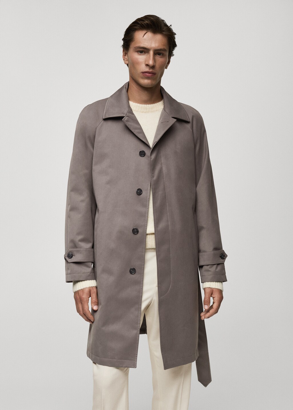 Belted trench coat with brushed finish - Medium Brown