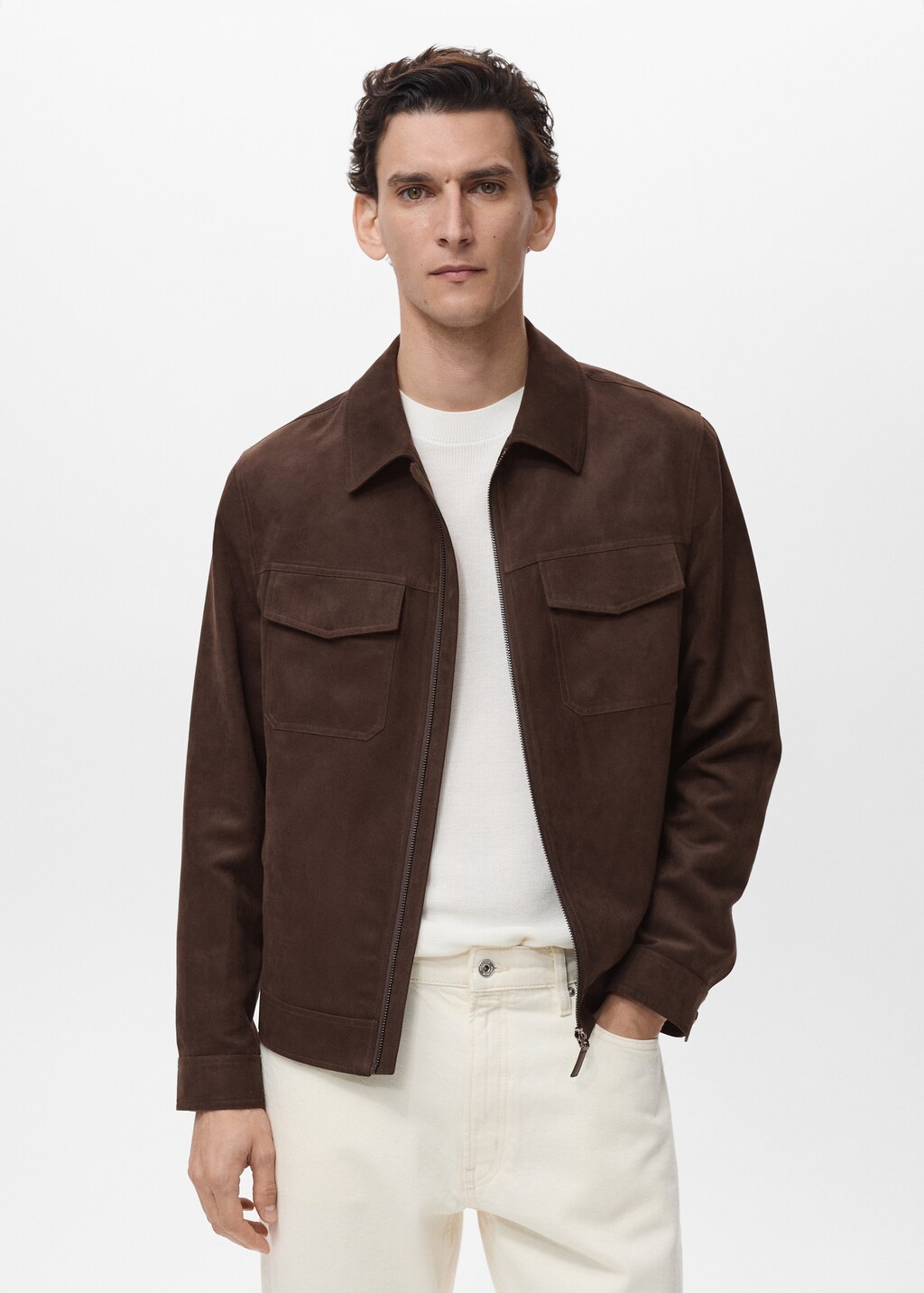 Suede-effect jacket with zip - Medium Green