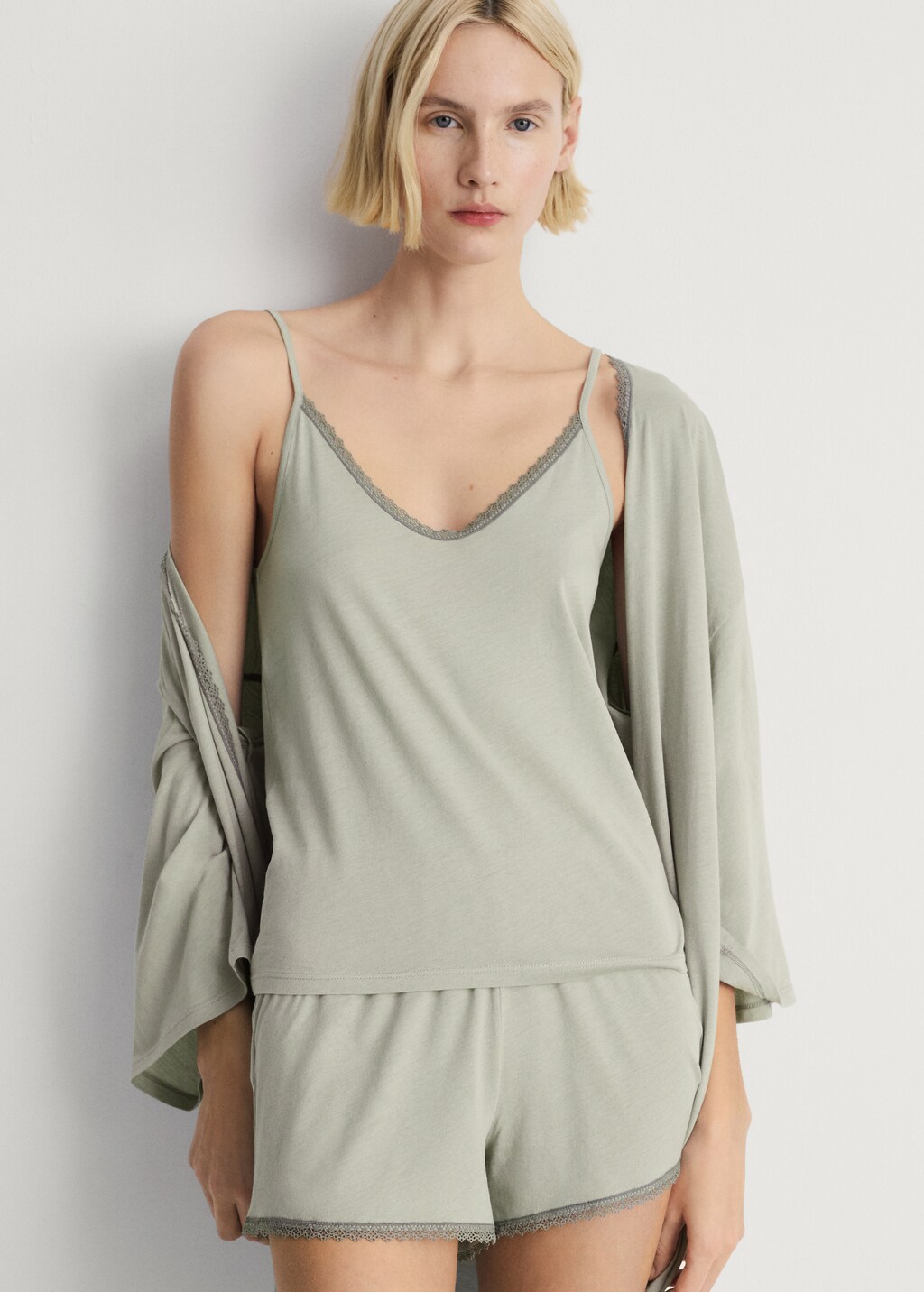 Cotton robe with contrasting lace - Medium Brown