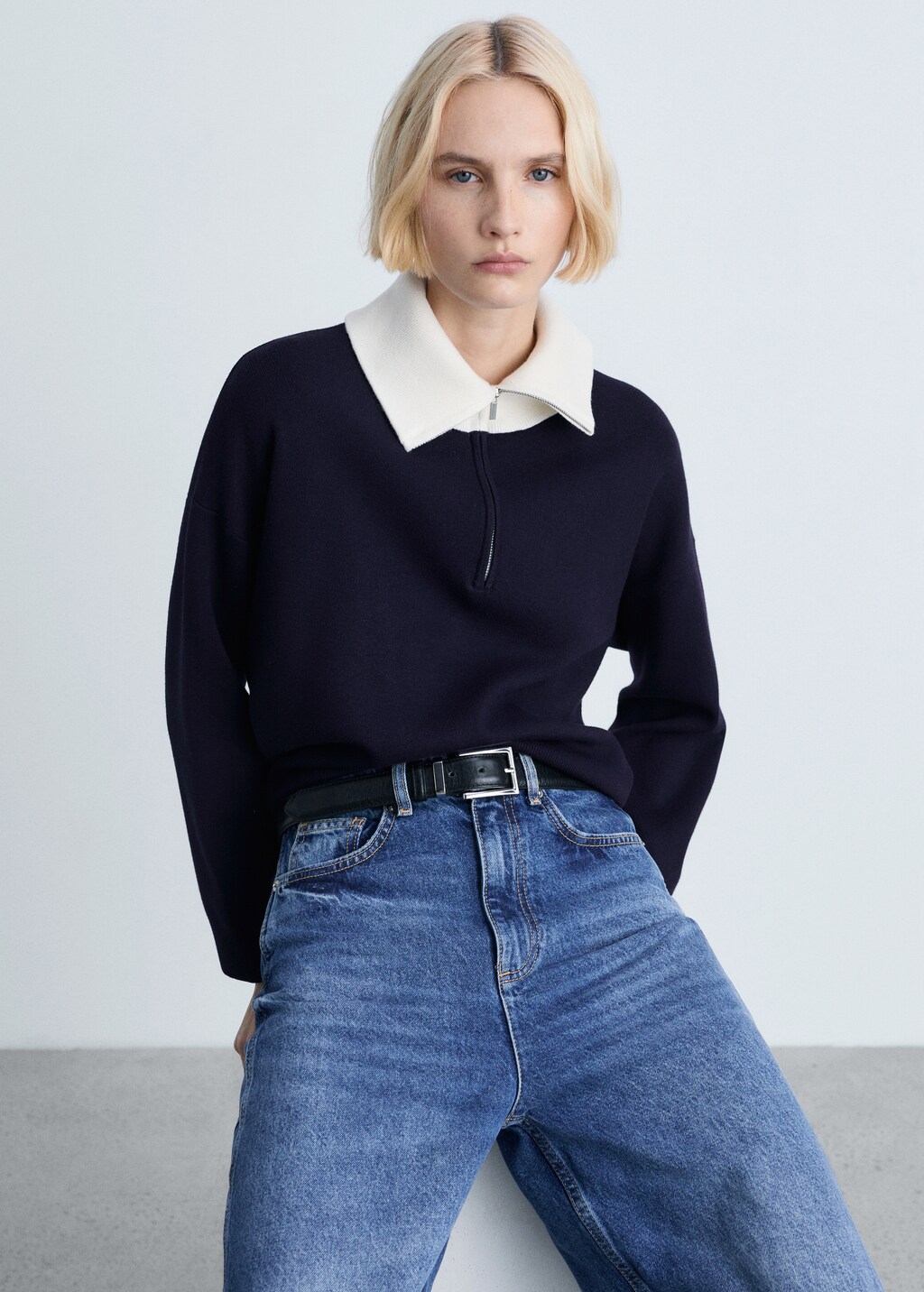 Knitted sweater with contrasting collar - Dark Navy