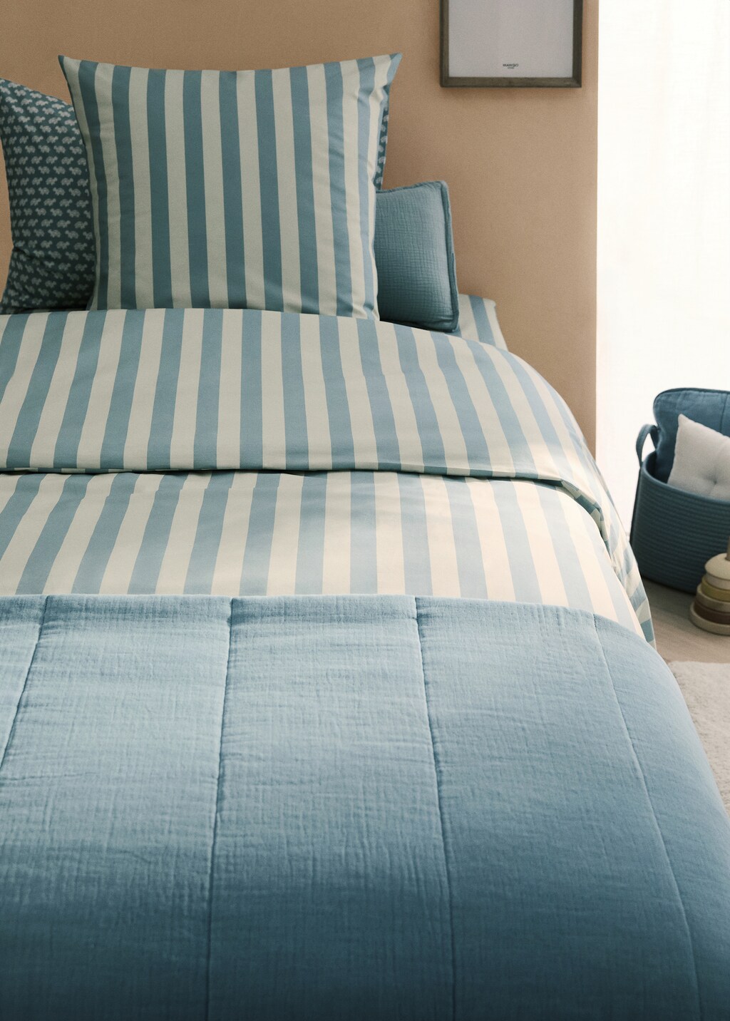 Cotton percale thick-striped children's duvet cover for 90cm bed - Pink