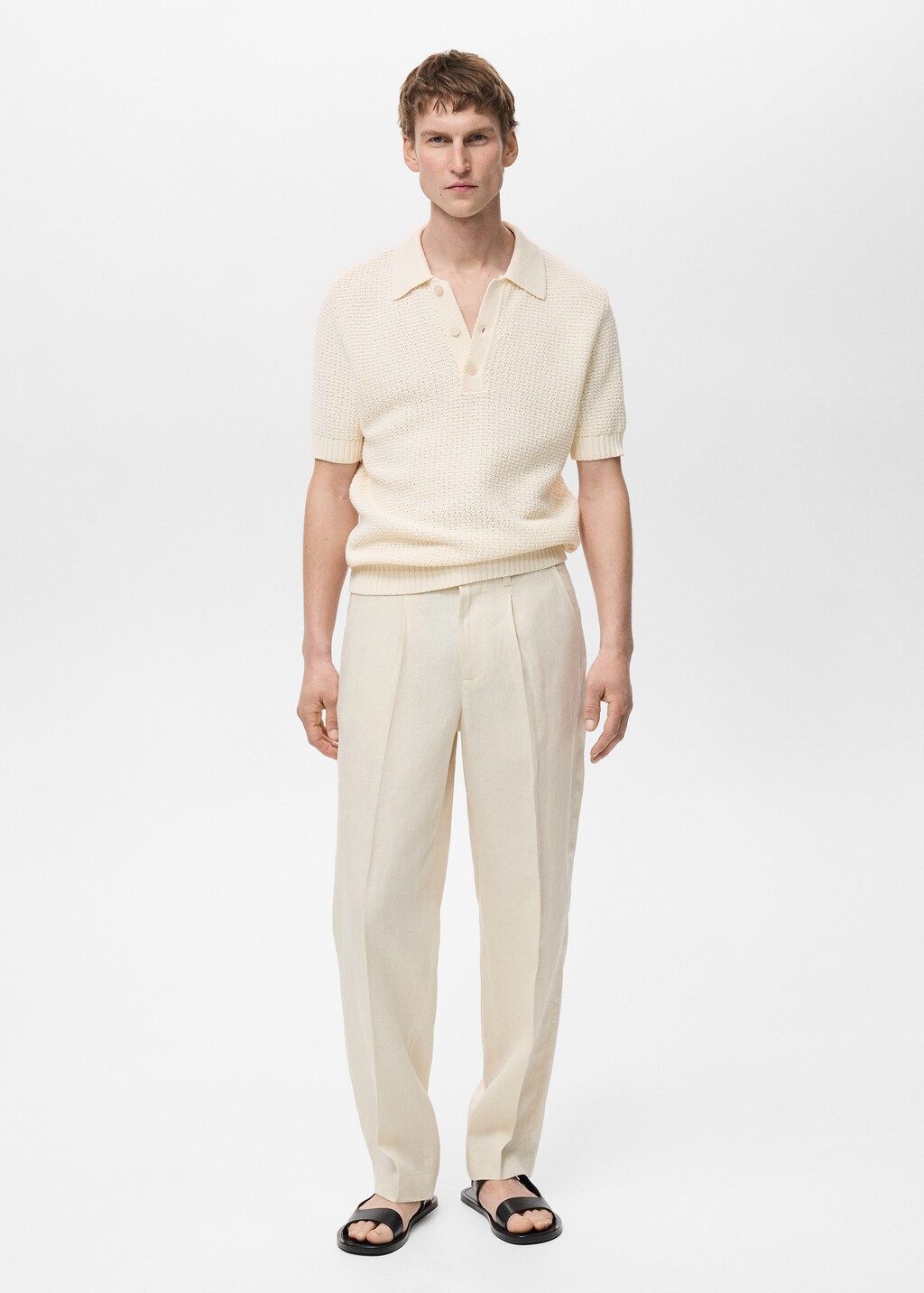 Openwork cotton knitte polo shirt - Ivory White