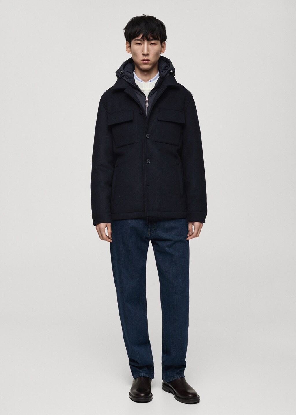 Wool blend coat with detachable hood - Dark Navy