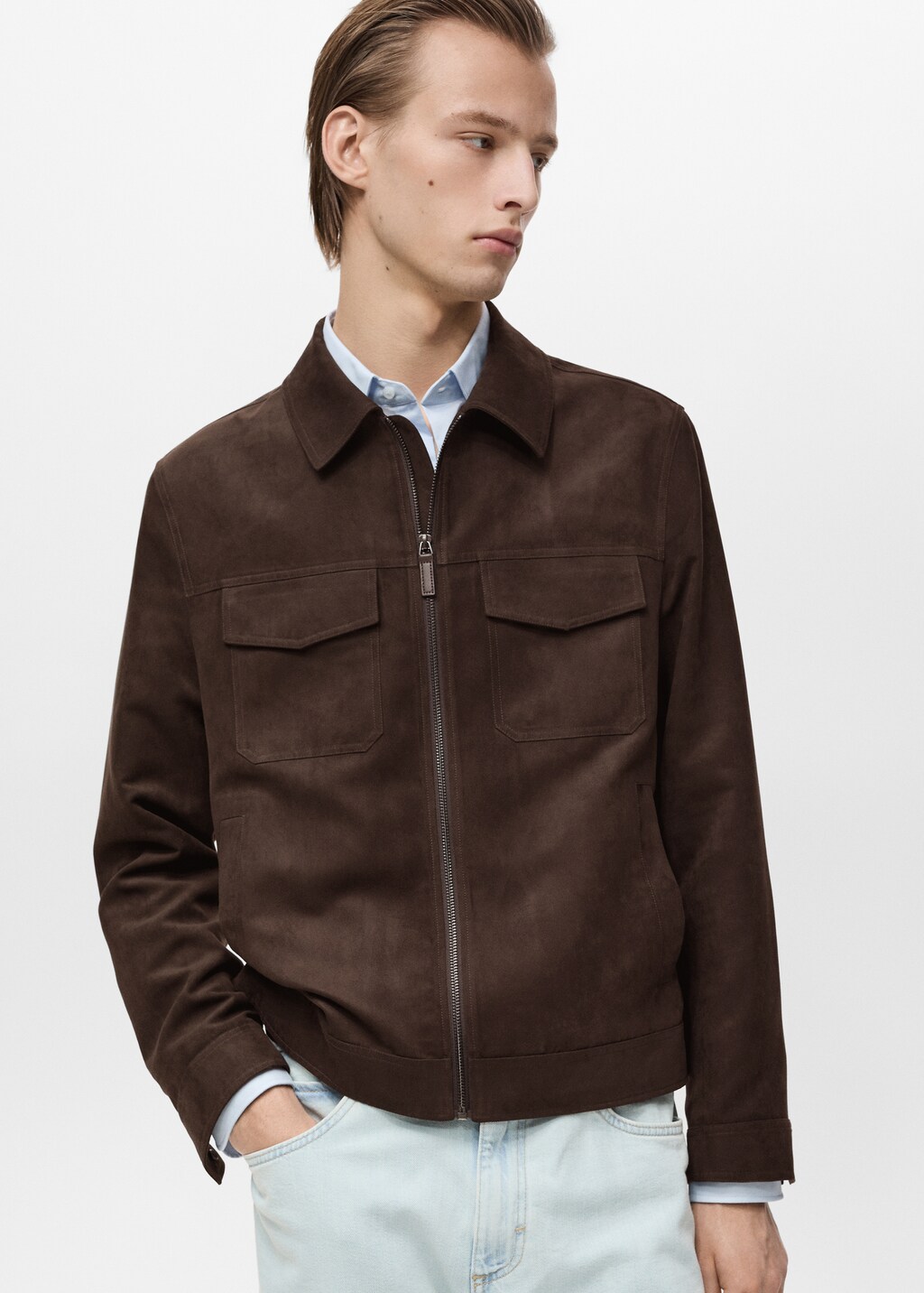 Suede-effect jacket with zip - Medium Green