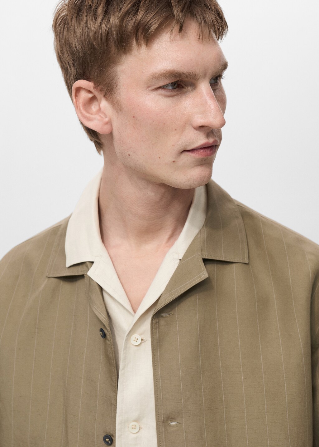 Pinstripe linen bowling overshirt - Khaki
