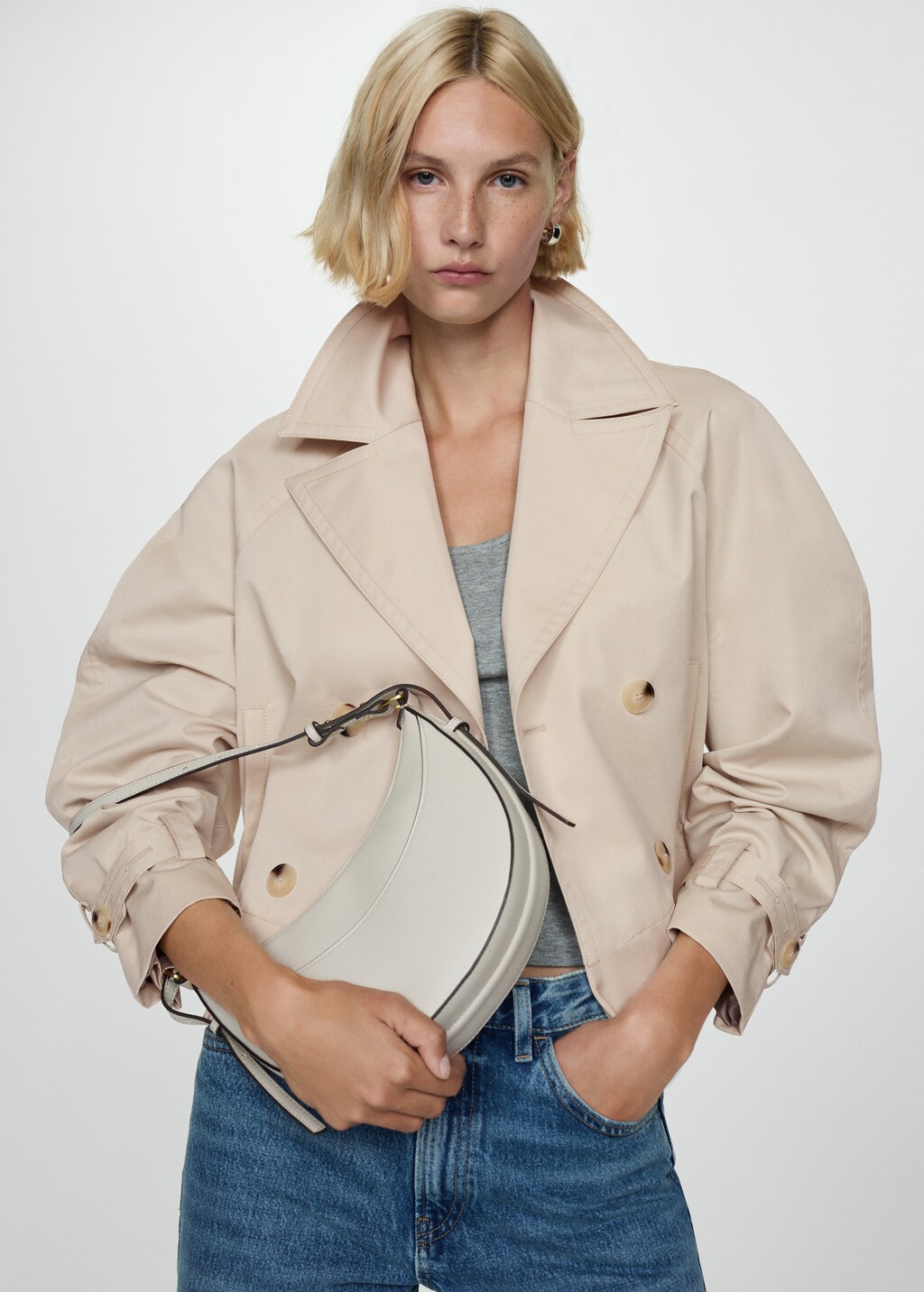 Double-breasted cropped trench coat - Beige