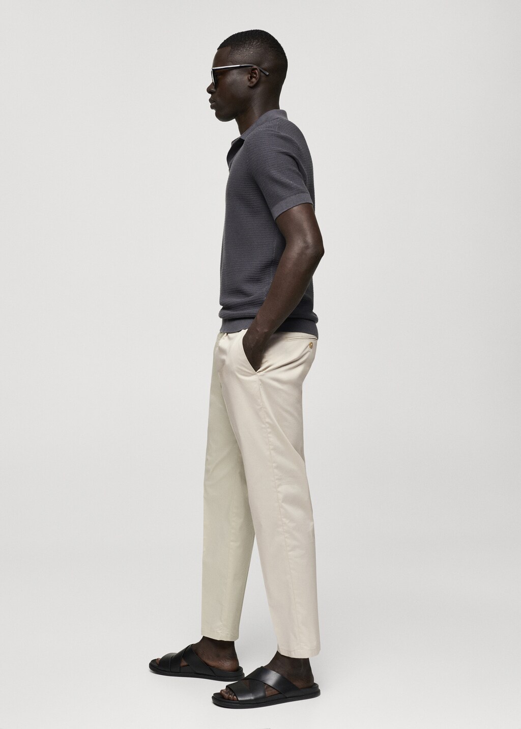 Slim-fit cotton pleated trousers - Night Blue