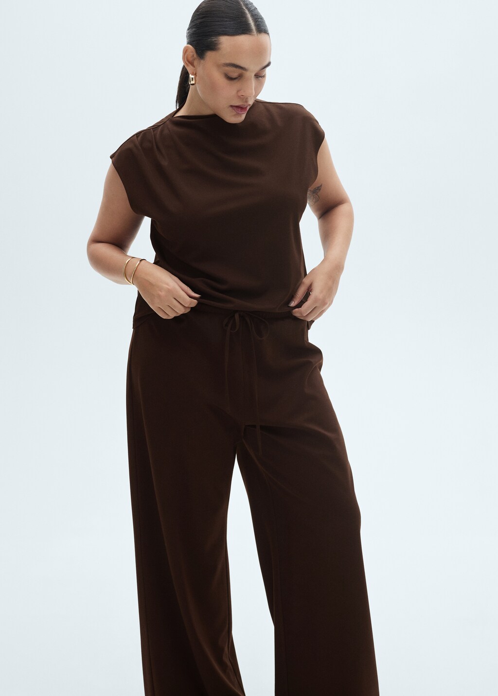 Wideleg trousers with elastic waist - Sand