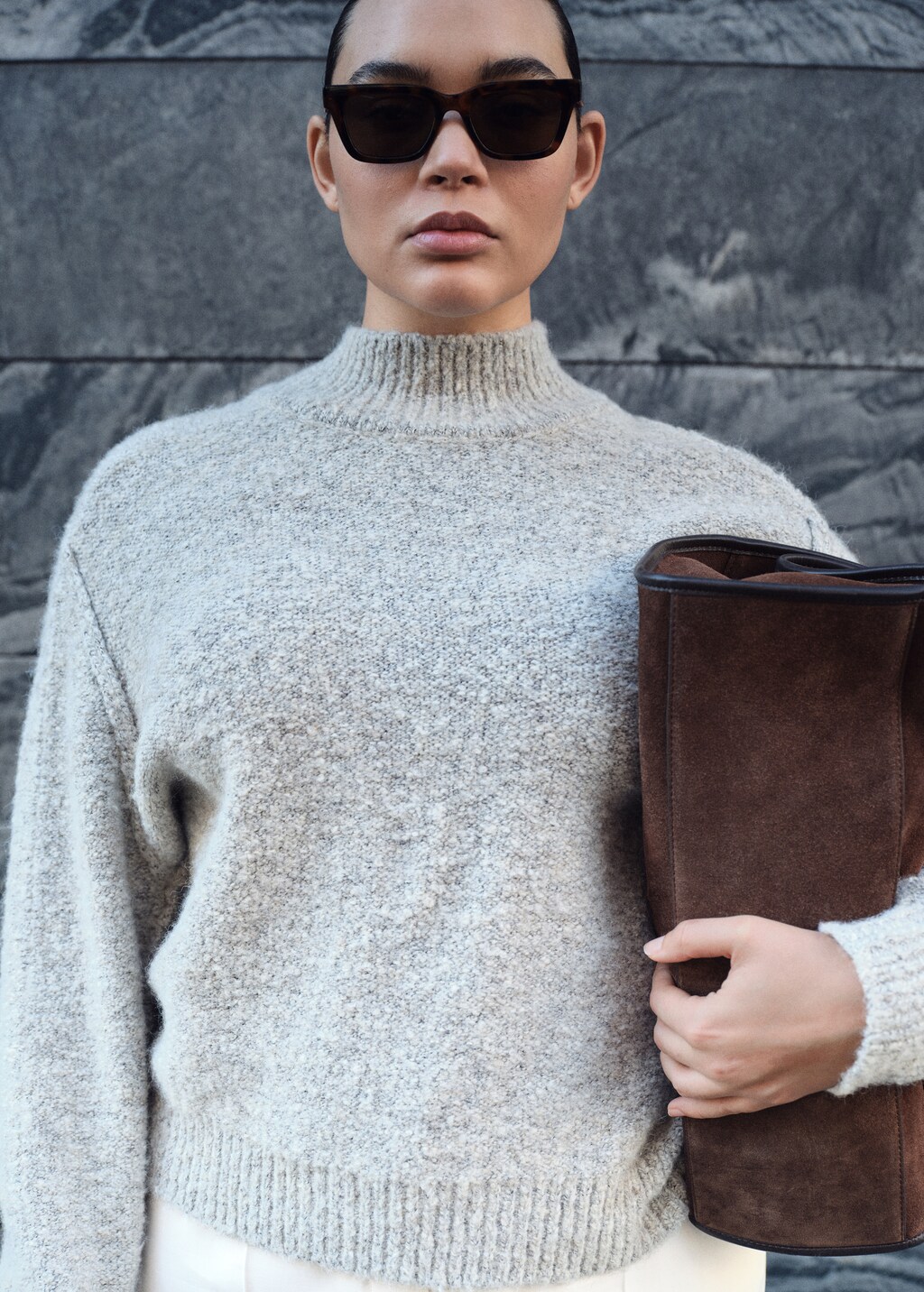 Knitted sweater with perkins neck - Sand