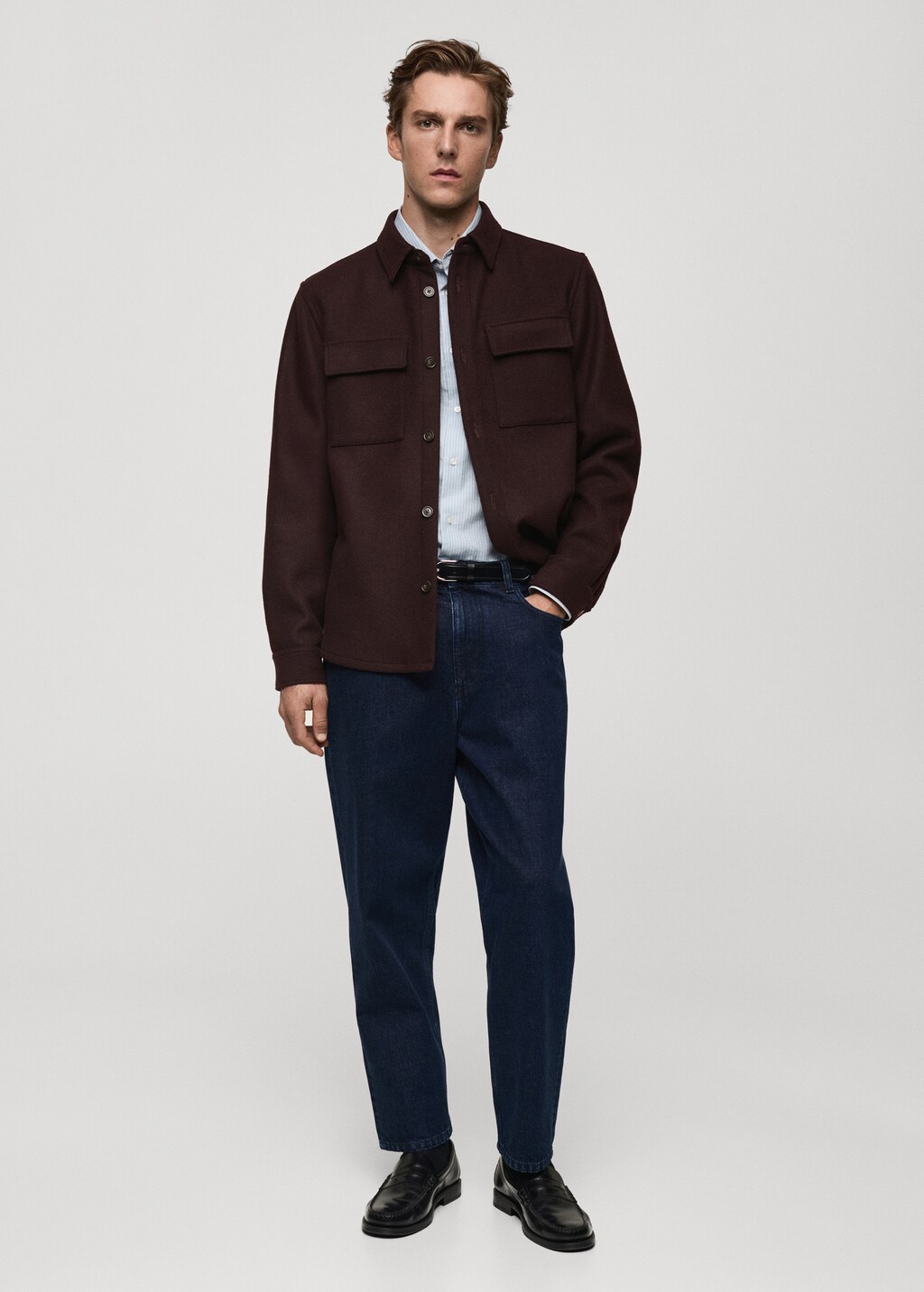 Flannel wool overshirt with pockets - Burgundy