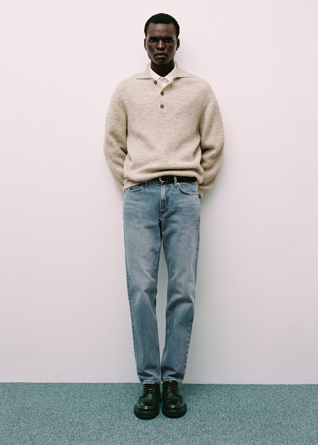 Regular-fit jeans with distressed effect - Petrol Blue