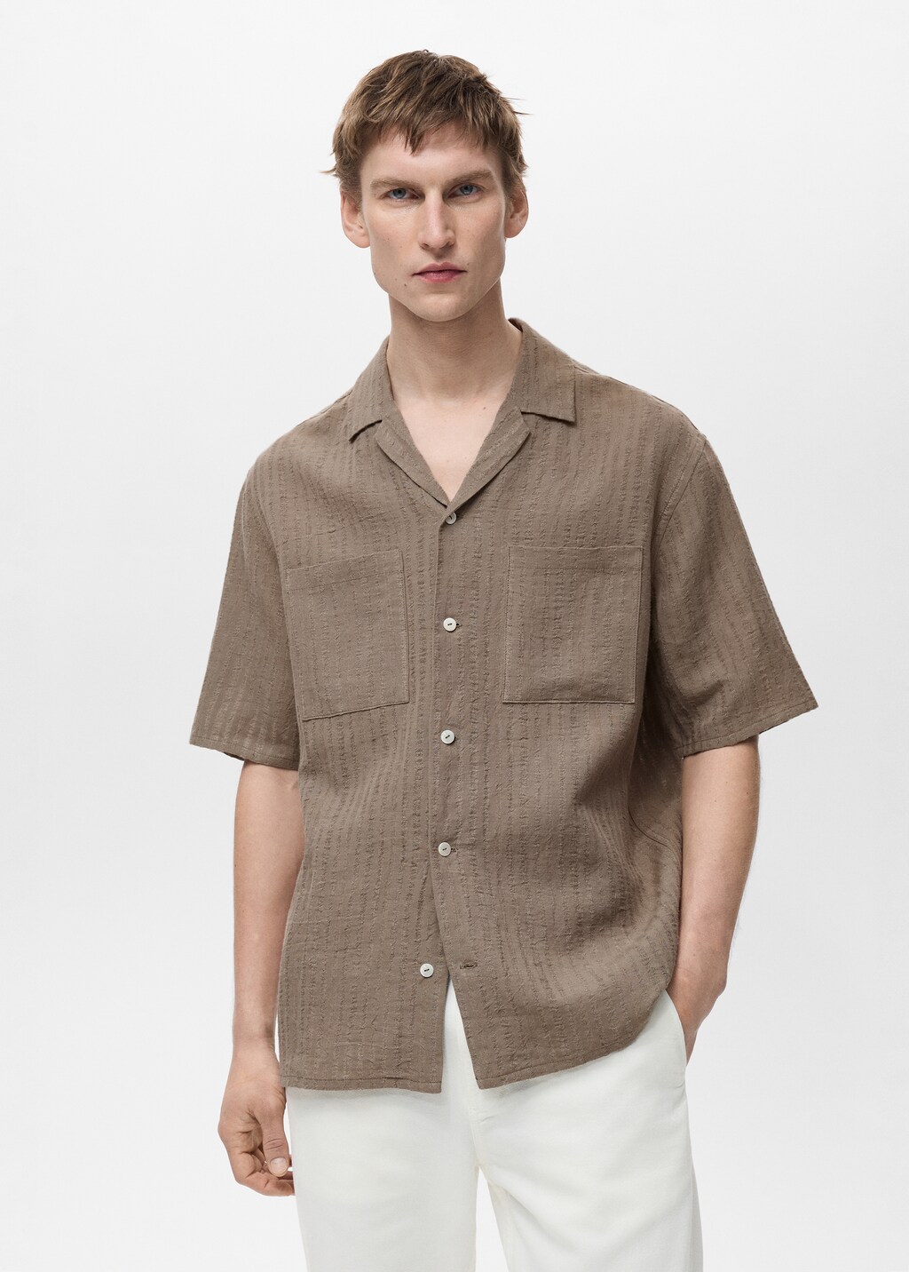 Cotton shirt with textured stripes - Khaki