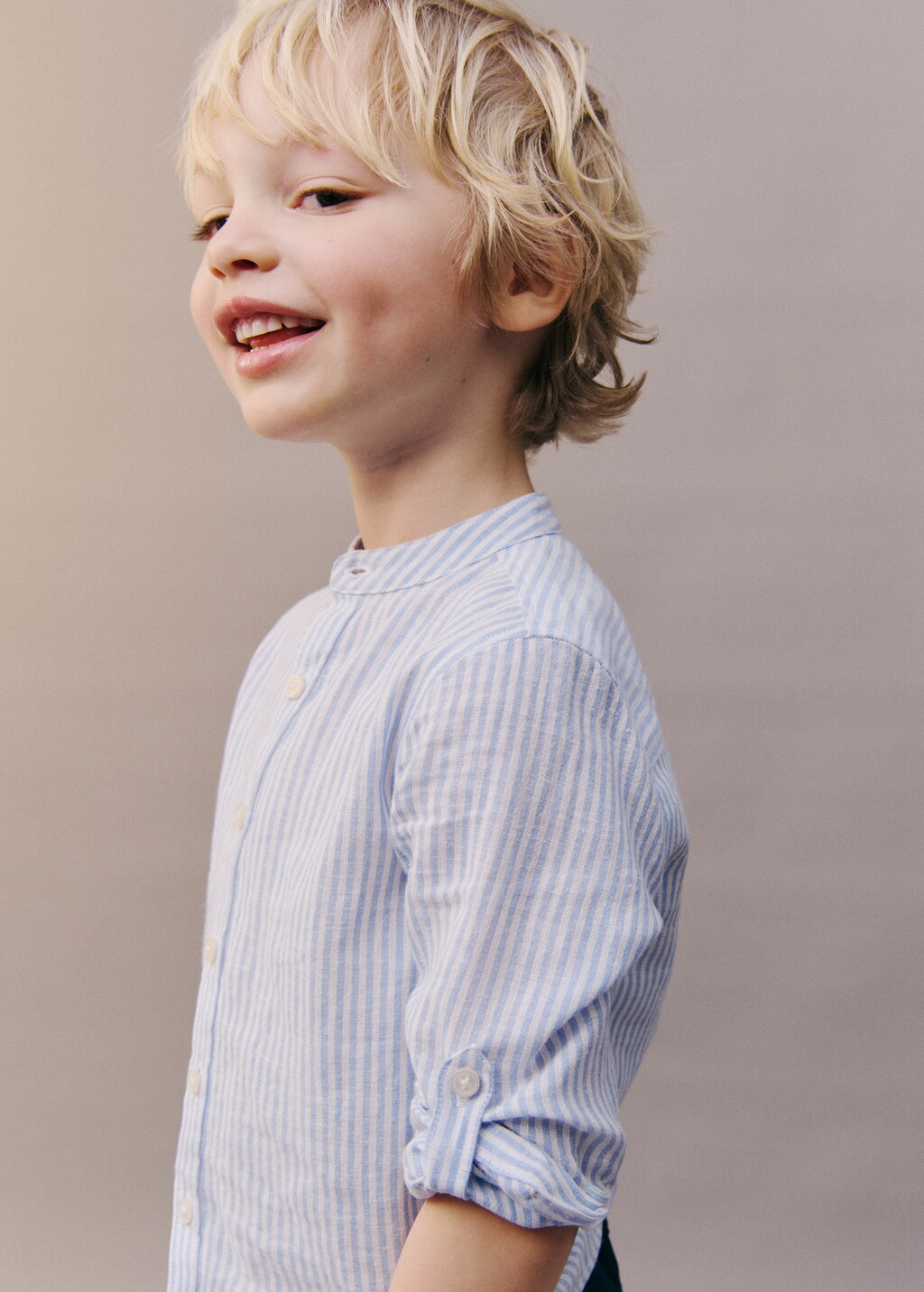 Striped mandarin-collar linen shirt - Blue