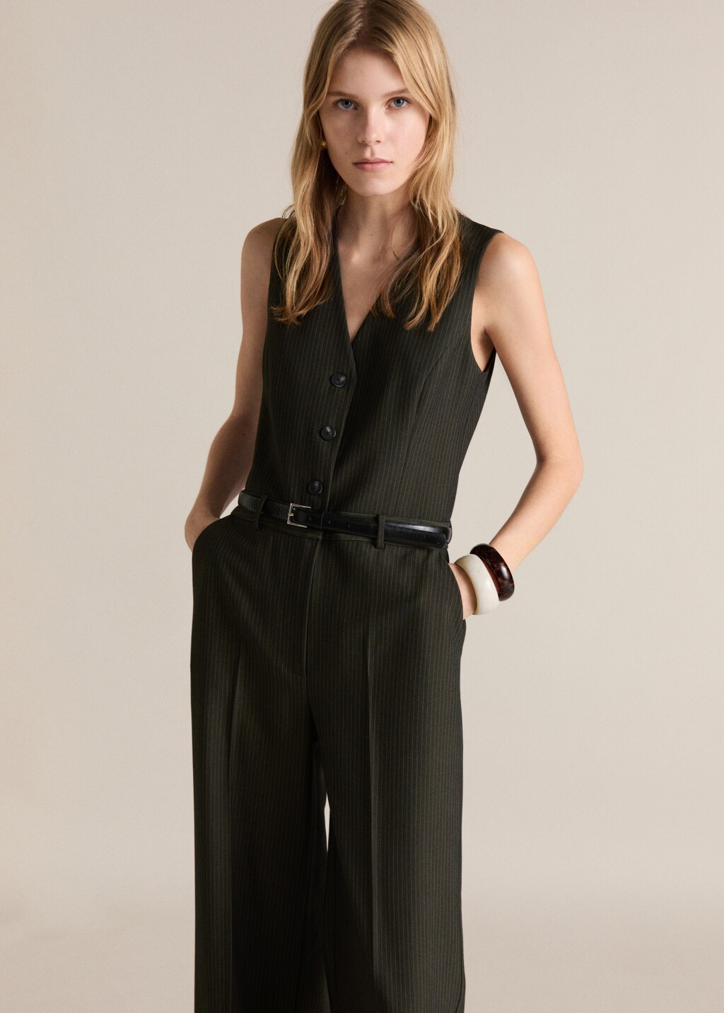 Pinstripe jumpsuit with belt - Billiard Green