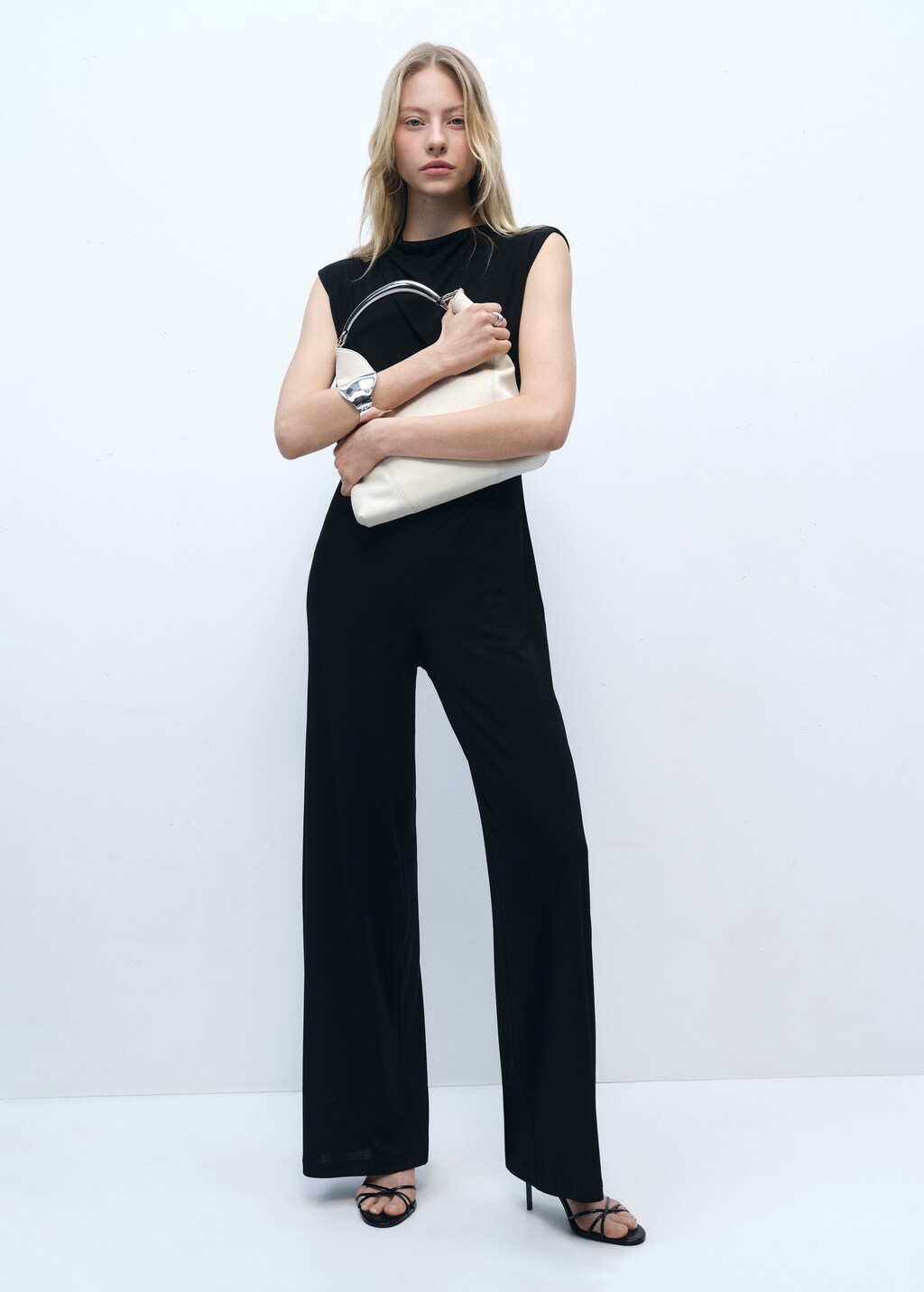 Straight-fit jumpsuit with draped neckline - Black