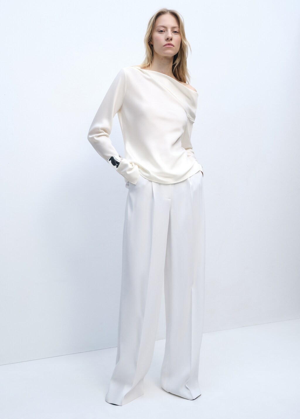 Satin blouse with draped neck - Off White