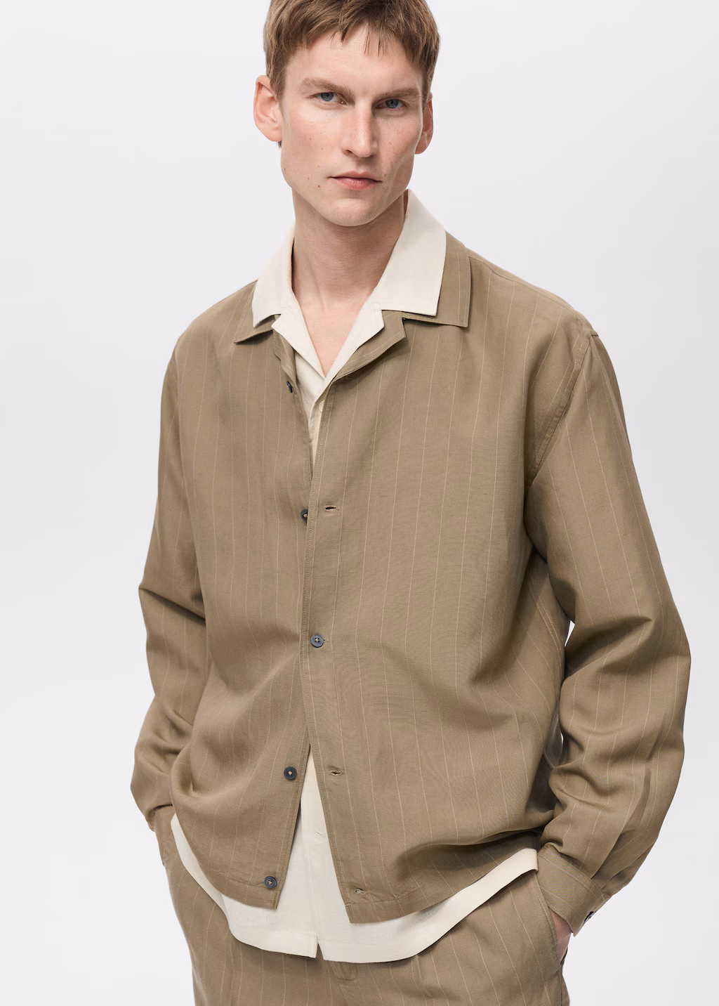 Pinstripe linen bowling overshirt - Khaki