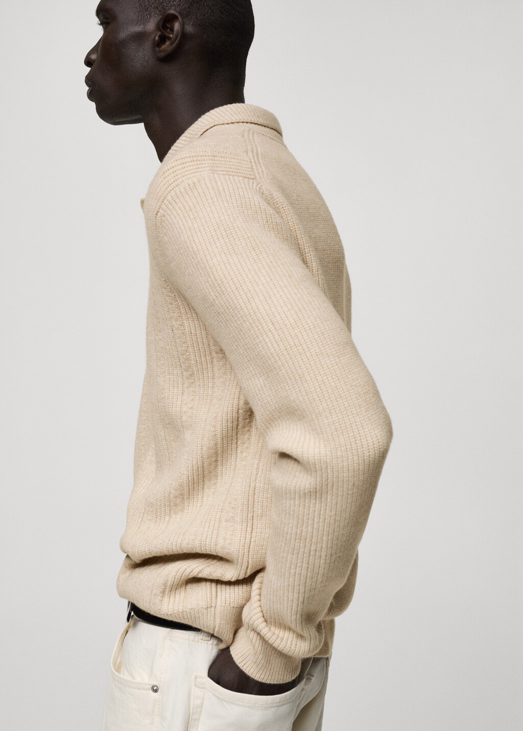 Knitted structured polo sweater - Ecru