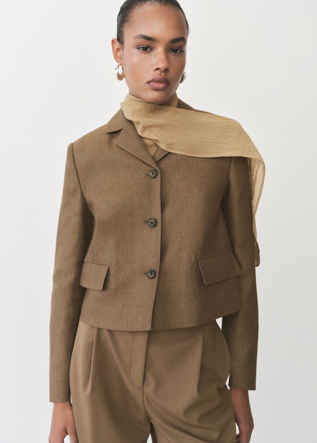 Linen-blend cropped jacket - Chocolate