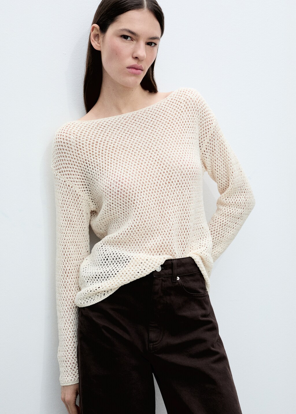 Openwork knitted boat-neck sweater - Khaki