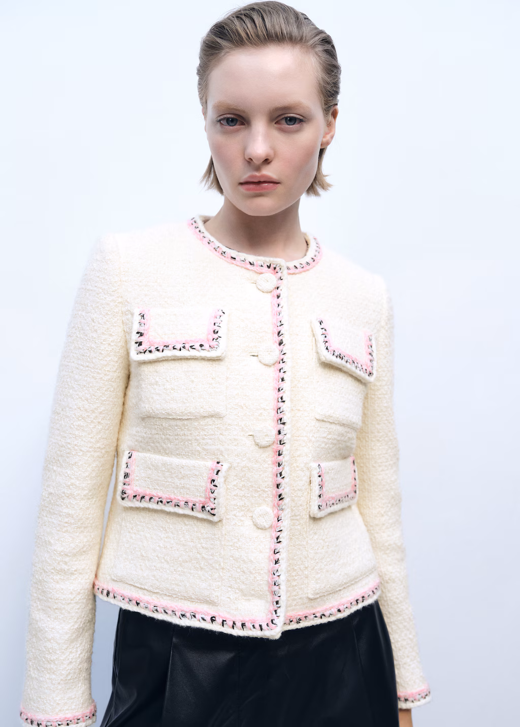 Tweed jacket with contrasting trims - Ecru