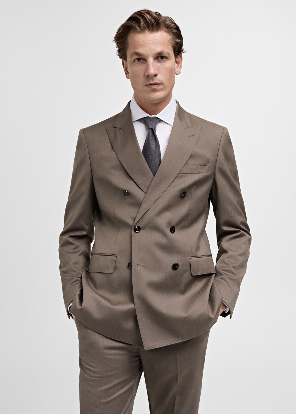 100% wool double-breasted herringbone suit jacket - Medium Brown