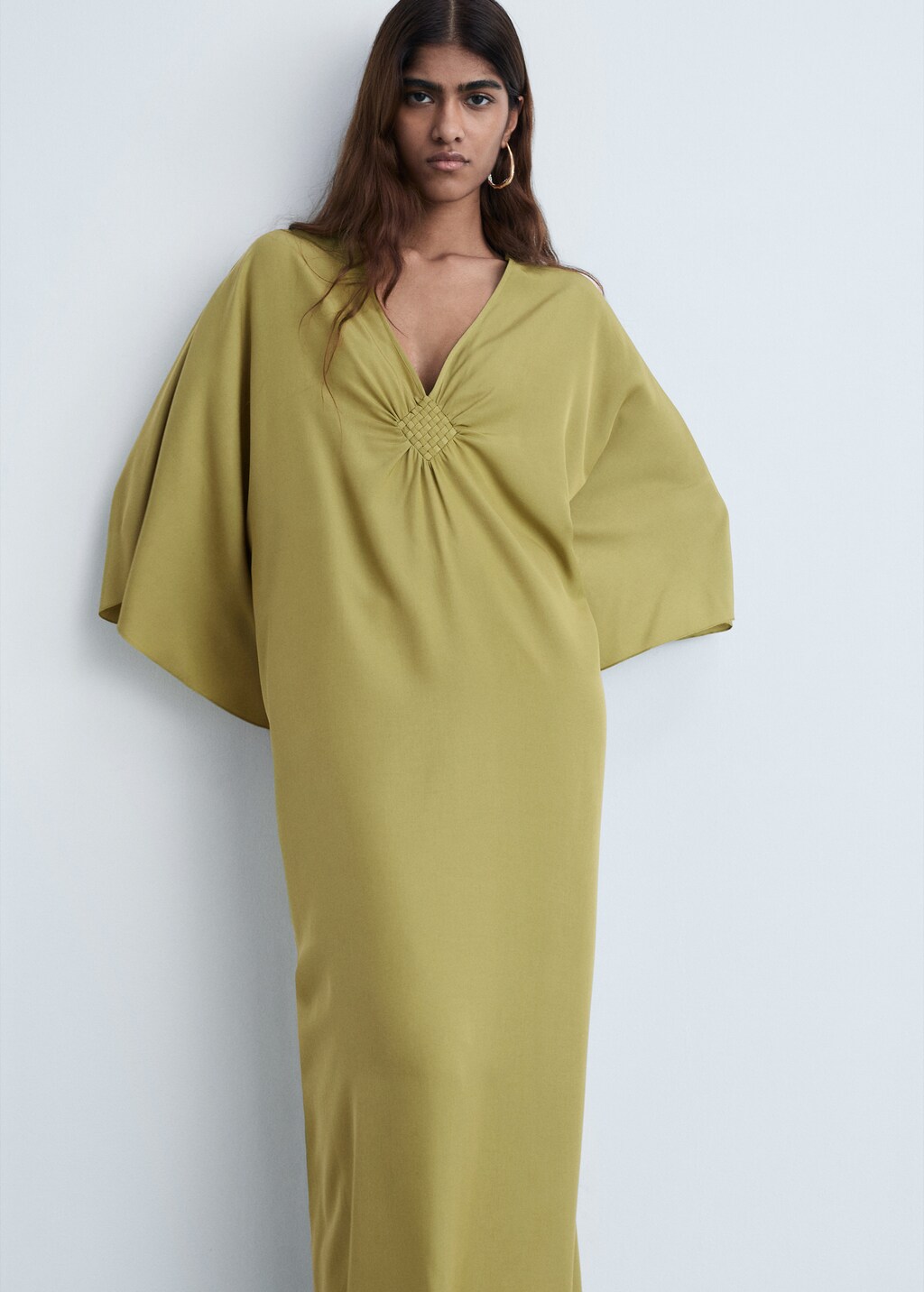 Flared-sleeve satin dress - Olive Green