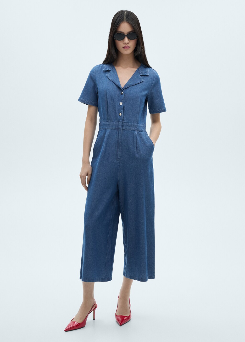 Short-sleeved denim jumpsuit - Medium Blue