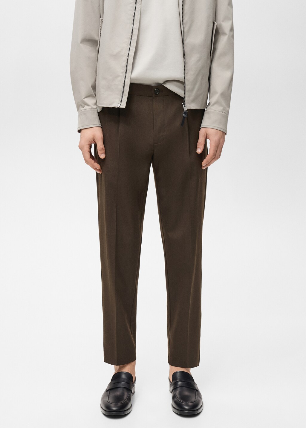 Slim-fit pleated cool wool trousers - Medium Brown