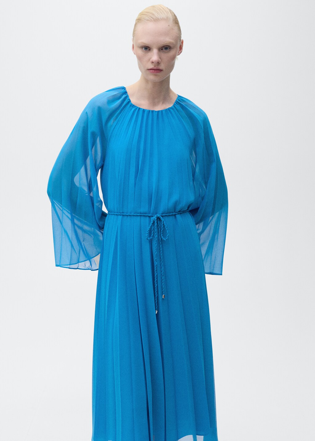 Flared-sleeve pleated dress - Blue