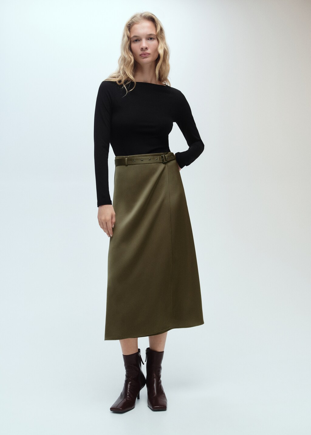 Combined woven dress with belt - Khaki