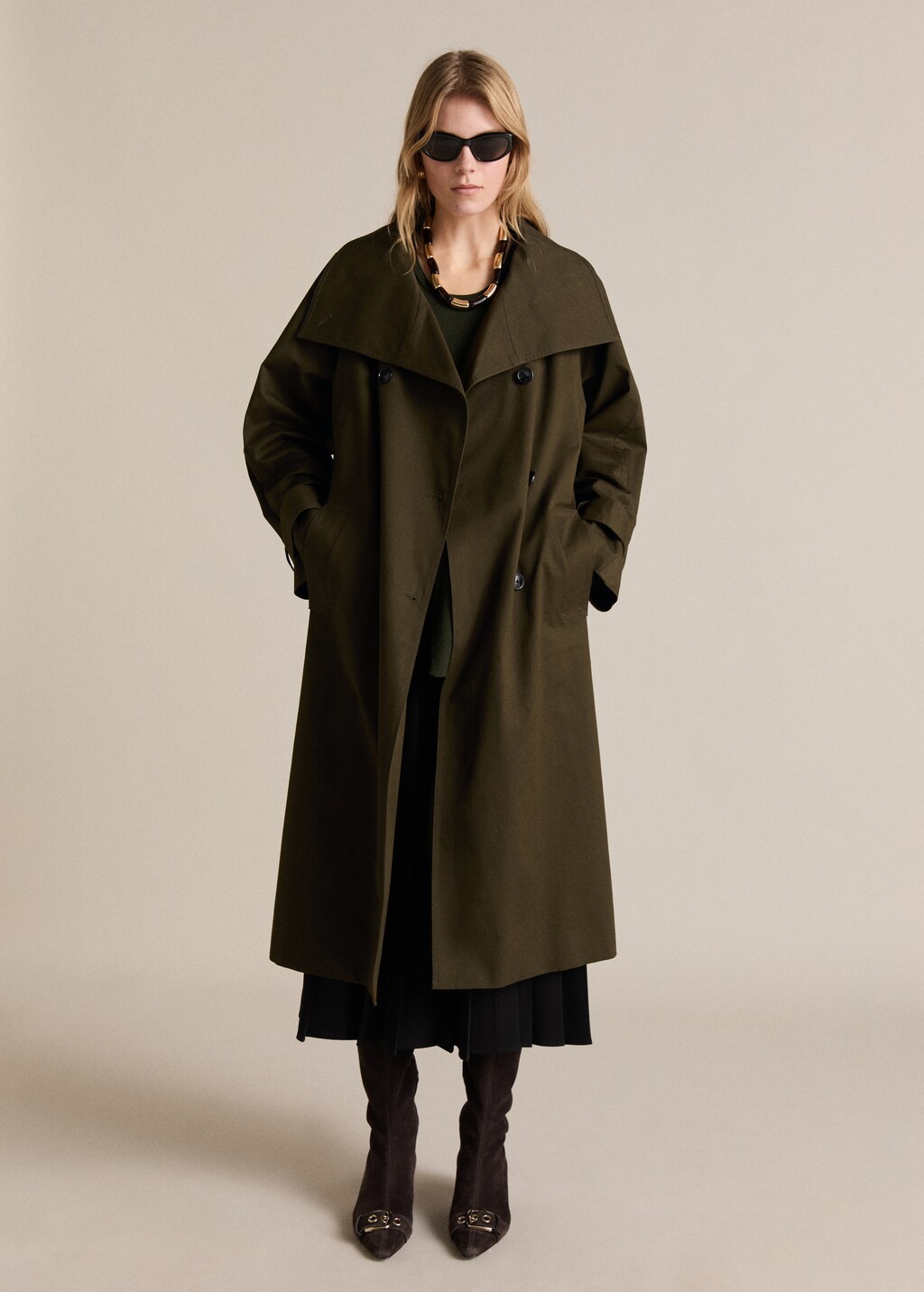 Long double-breasted trench coat - Khaki