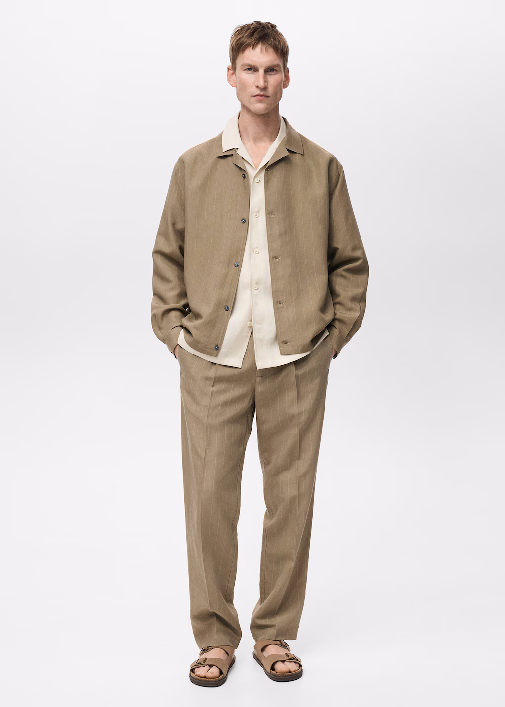 Pinstripe linen bowling overshirt - Khaki