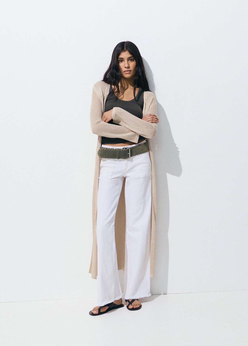 Wideleg low frayed hem jeans - White