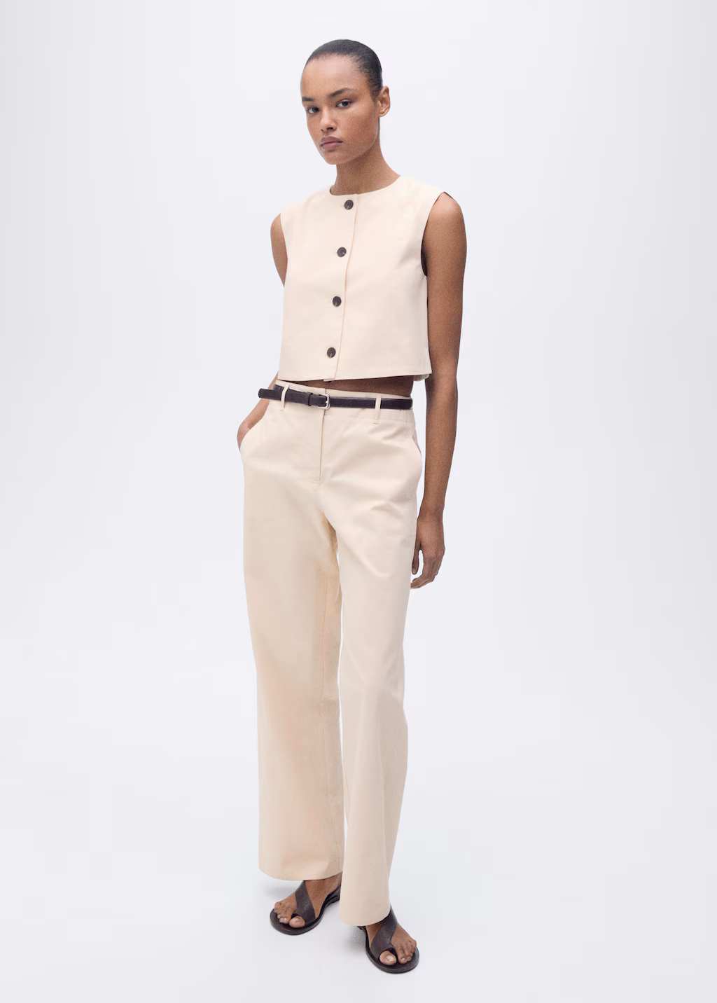 Cotton crop top with buttons - Ecru