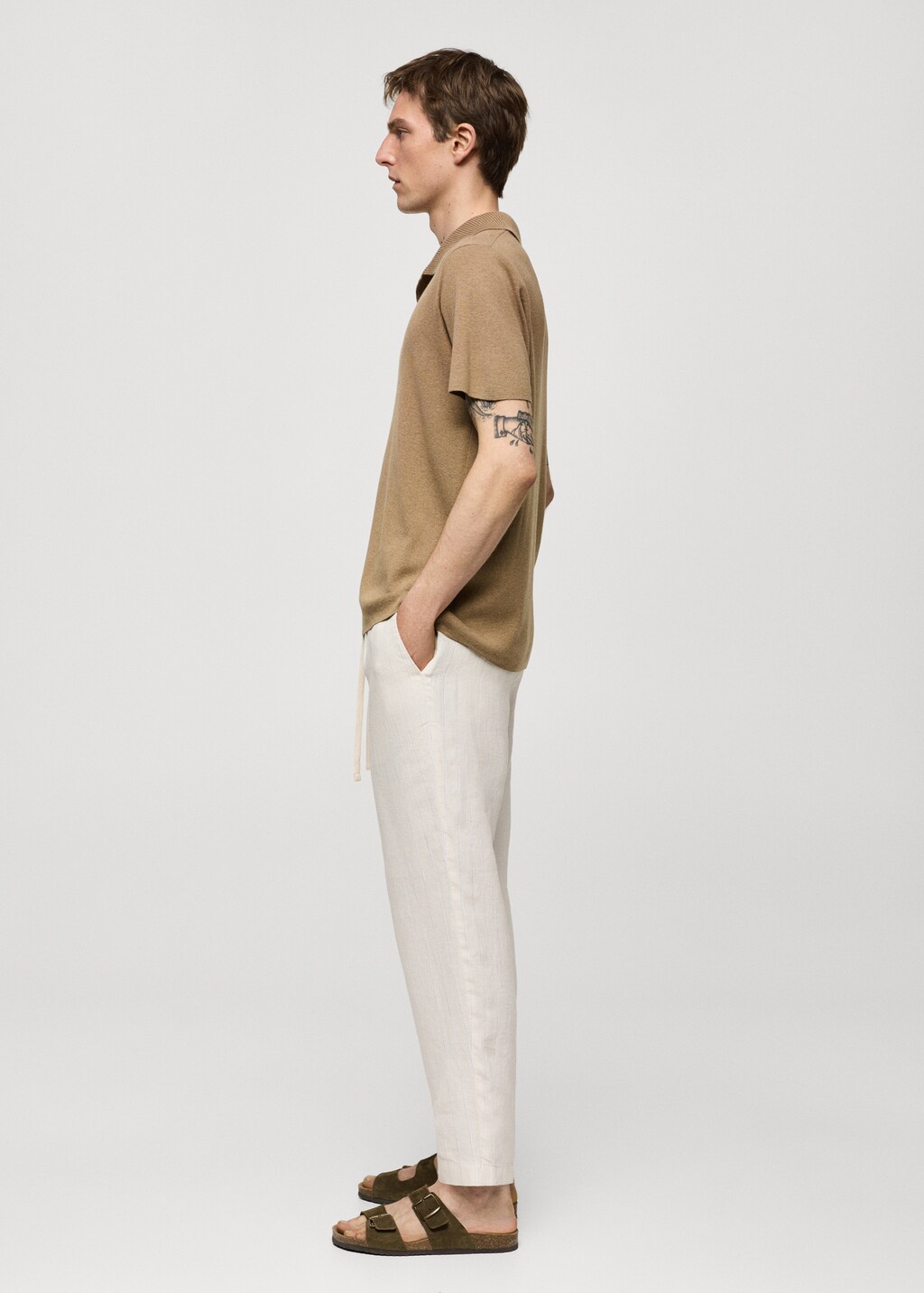 Linen-blend striped trousers with drawstring - Khaki