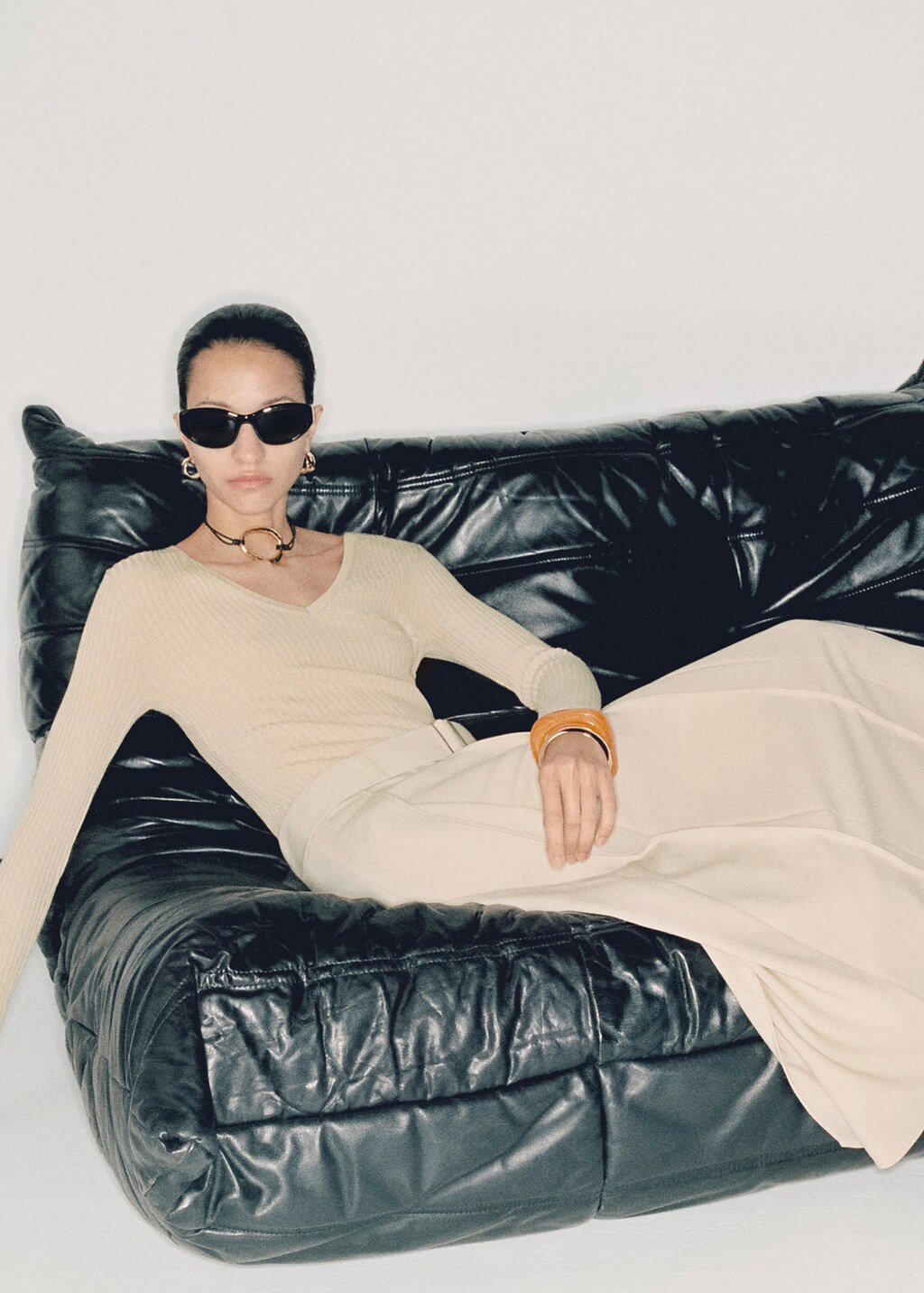 Combined woven dress with belt - Ecru