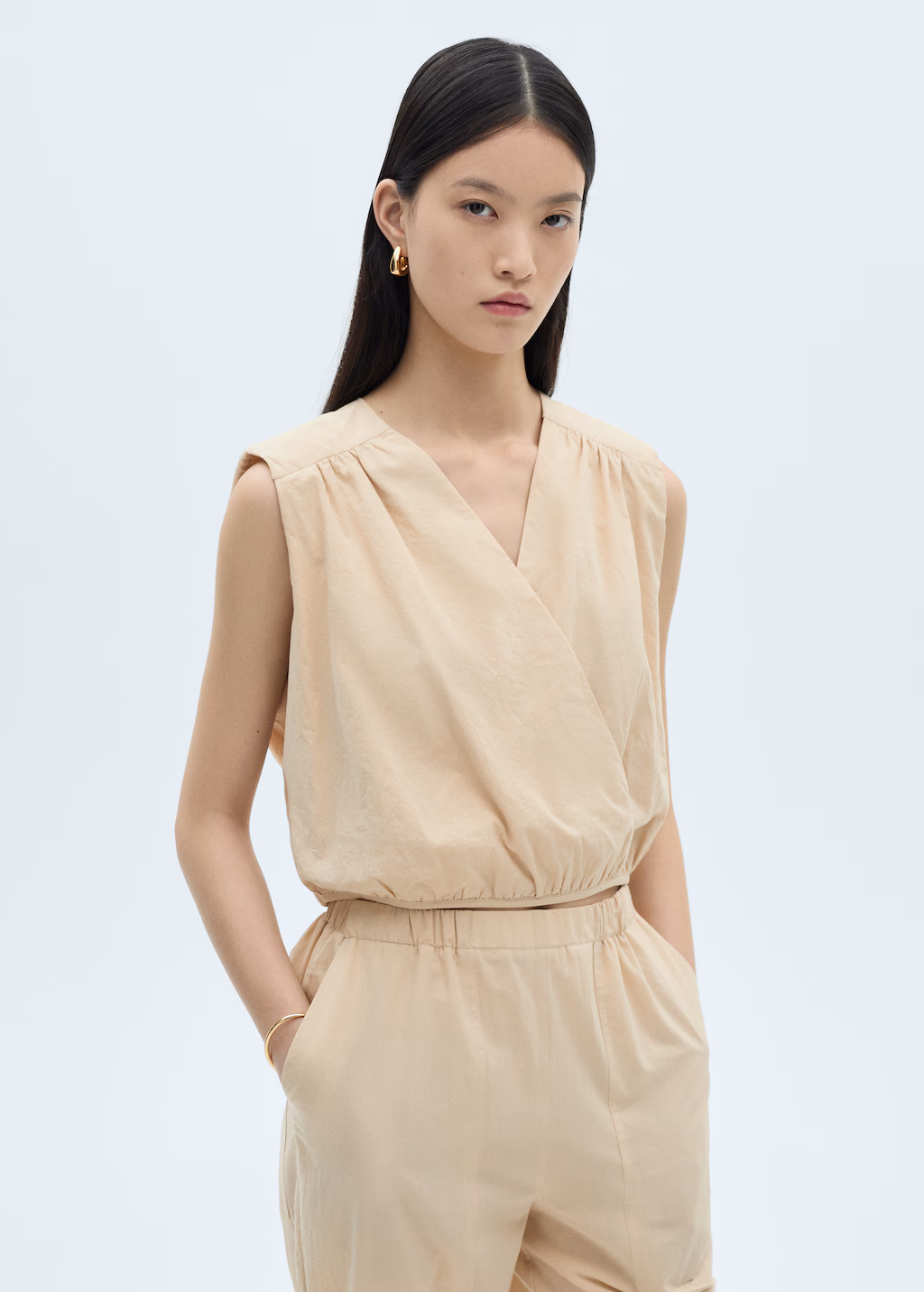 Gathered details cotton blouse - Beige