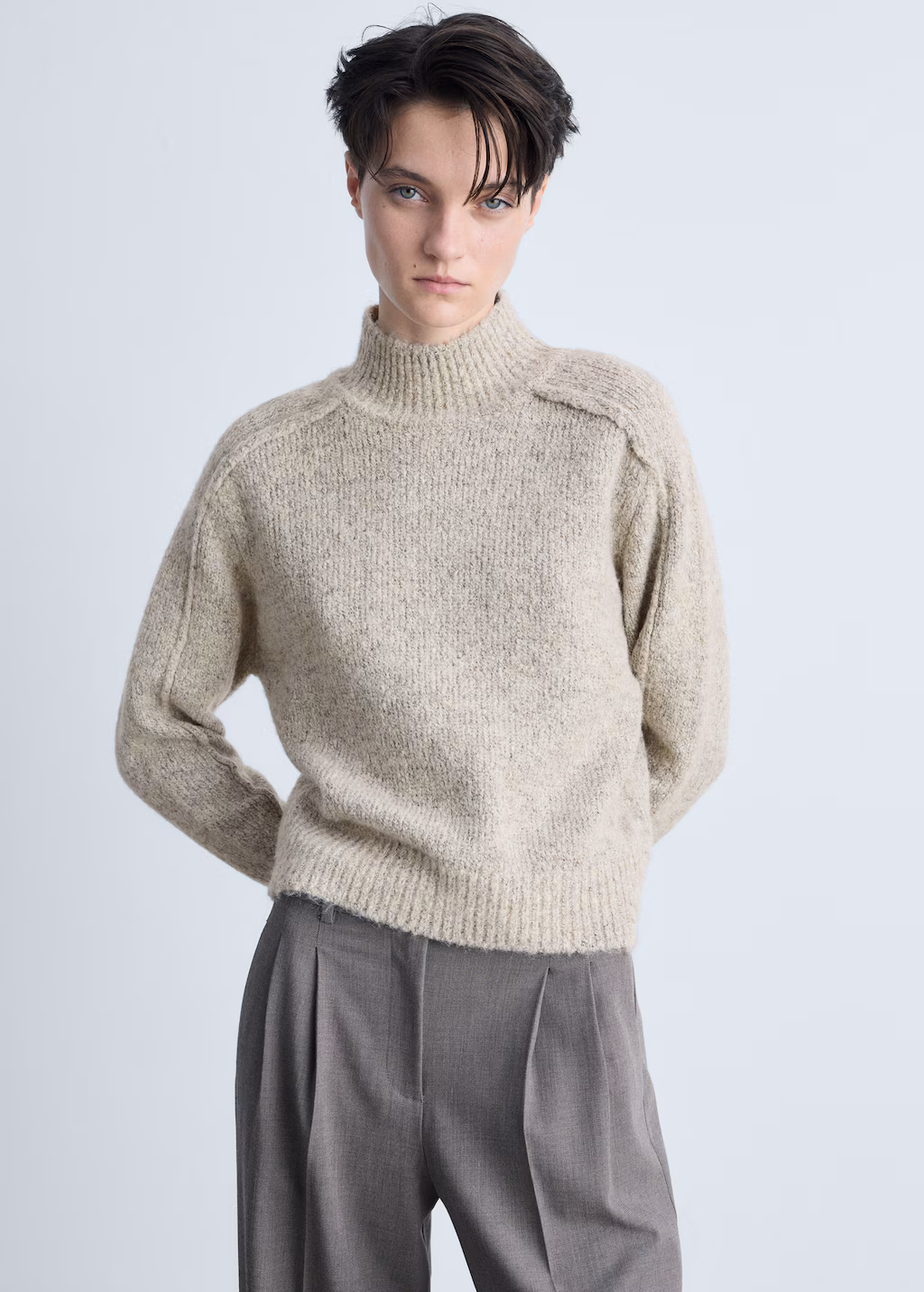 Knitted sweater with perkins neck - Sand