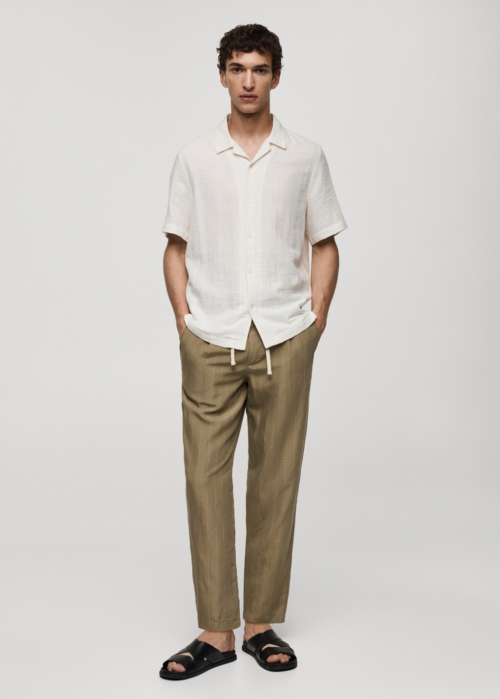 100% linen striped trousers with drawstring - Off White
