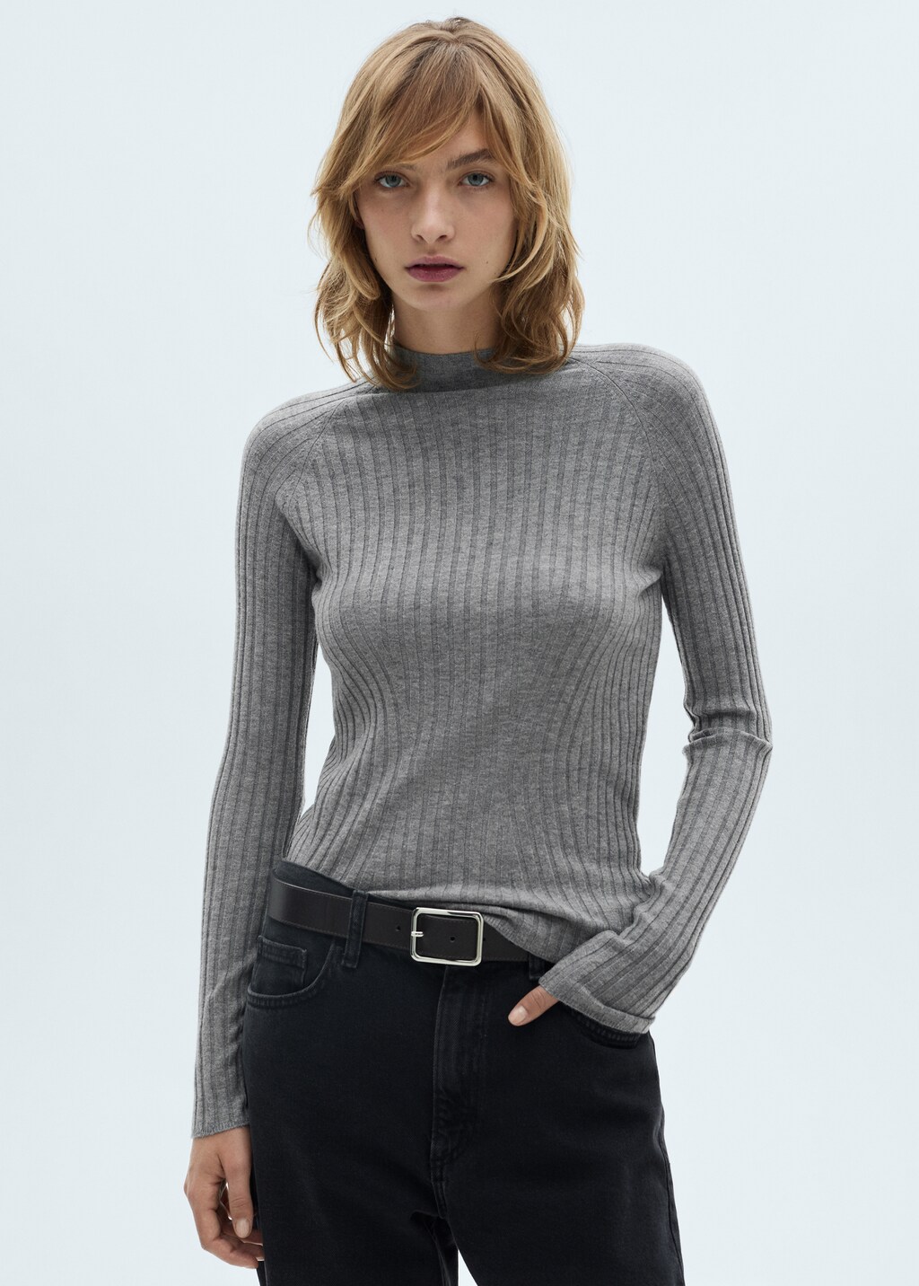 Ribbed sweater with perkins neck - Dark Navy