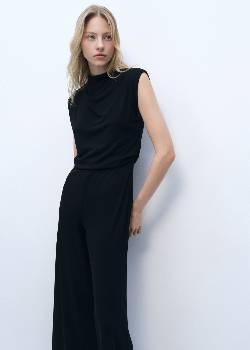 Straight-fit jumpsuit with draped neckline - Black