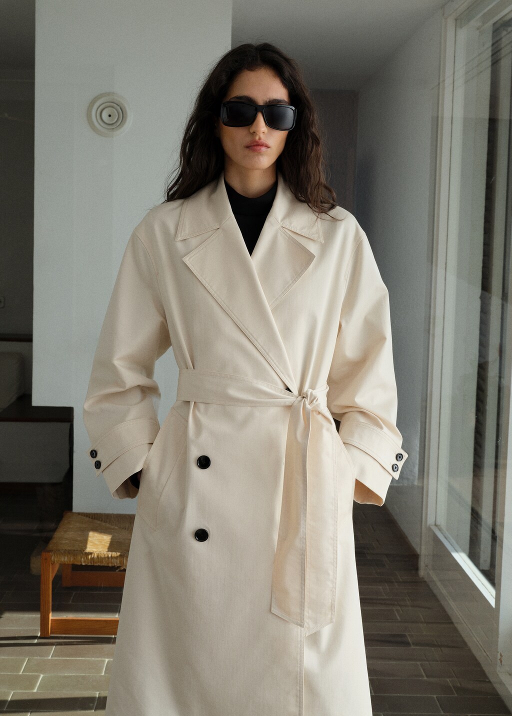 Long oversized double-breasted trench coat - Black