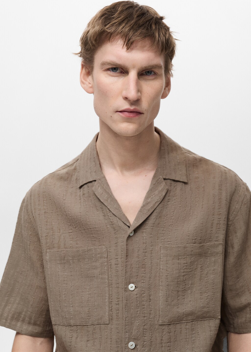 Cotton shirt with textured stripes - Khaki