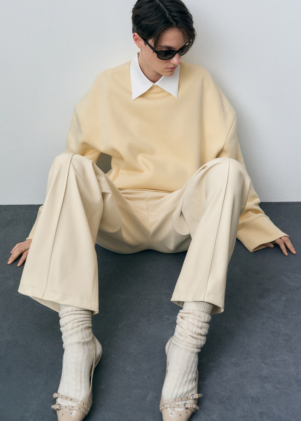 Wideleg leather-effect trousers - Ecru