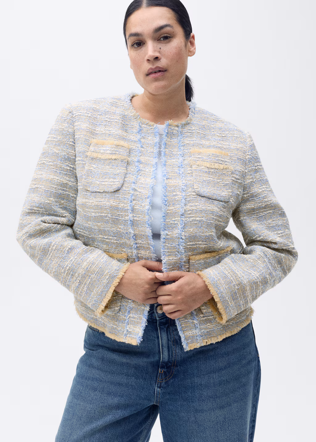 Tweed jacket with frayed ends - Sky Blue